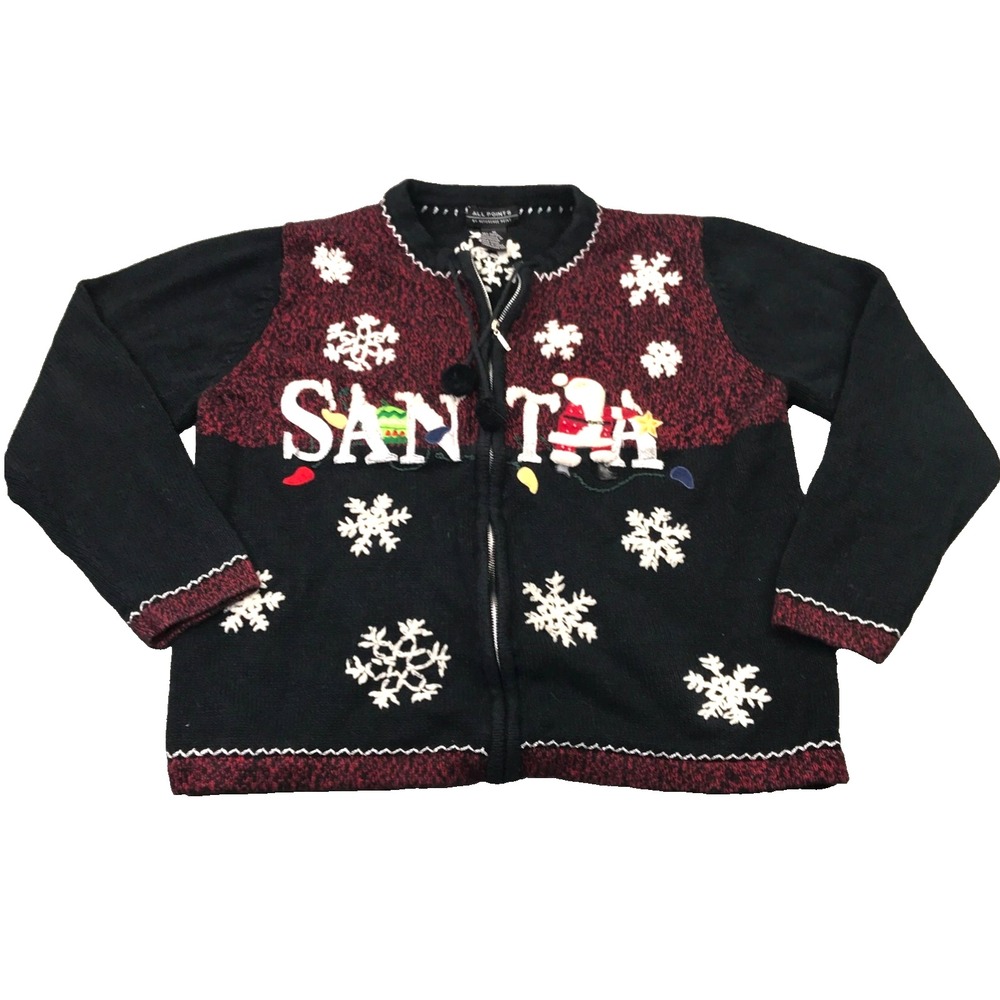 VTG Y2K Christmas Santa Embroidered Cardigan Sweater L/XL Full Zip Novelty Warm